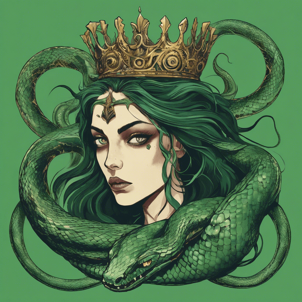 A creature with the body of a serpent and the head of a beautiful woman. She has piercing green eyes and a crown of writhing snakes for hair.