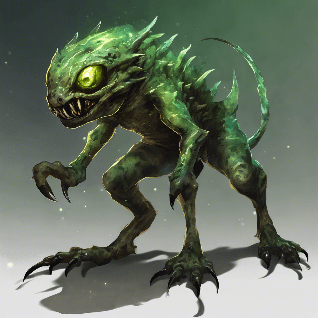 A small yet agile creature with dark mottled skin, it moves with a predatory grace. Its eyes glow with an unnatural green light, and long claws extend from its fingers, dripping with a venomous substance.