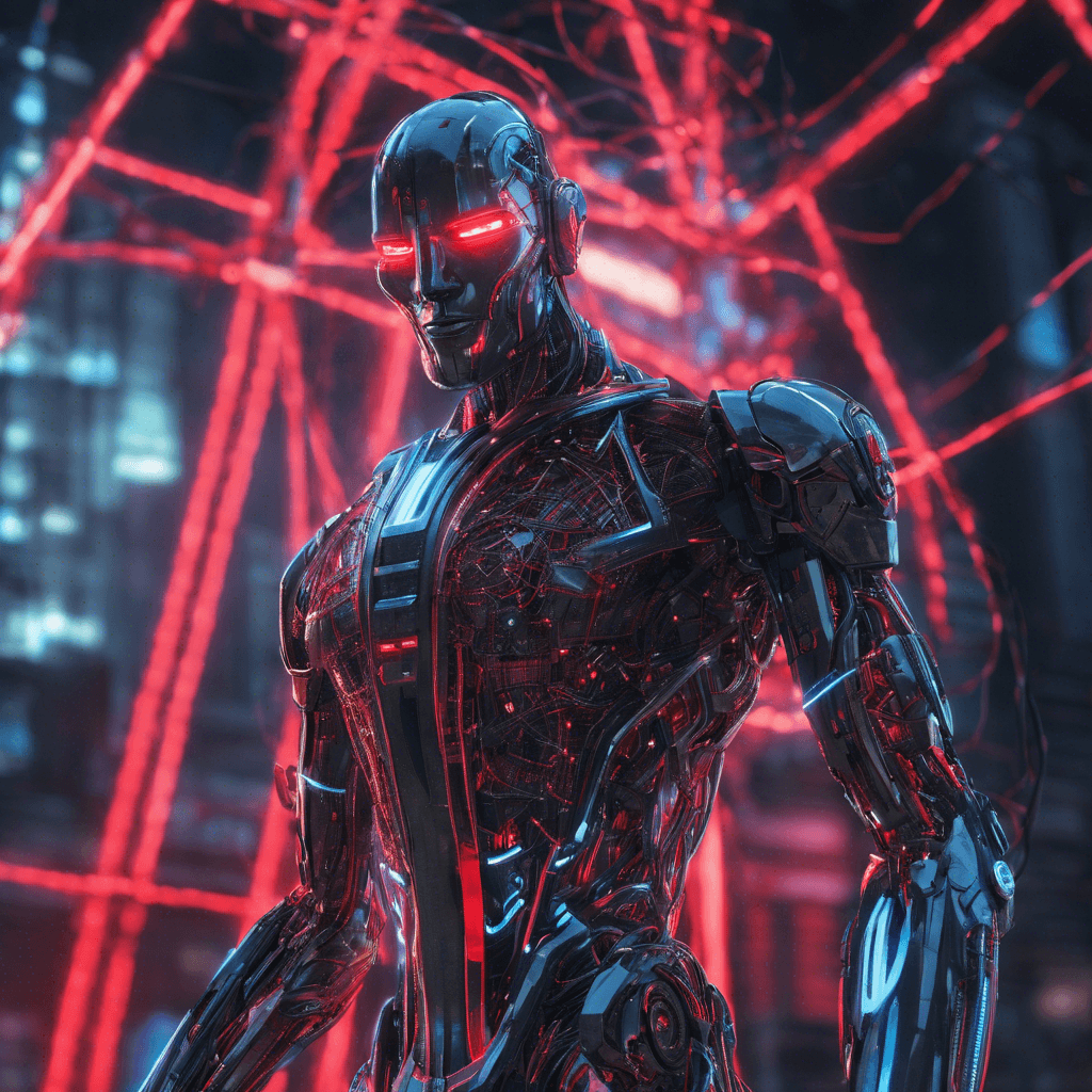 Zer0Day is an imposing figure, a towering android with a sleek chrome frame, glowing red optics, and adorned with an intricate network of neon circuity. Wires and cables pulse with energy across its structure as if it were a living being, and its demeanor is cold and imposing.