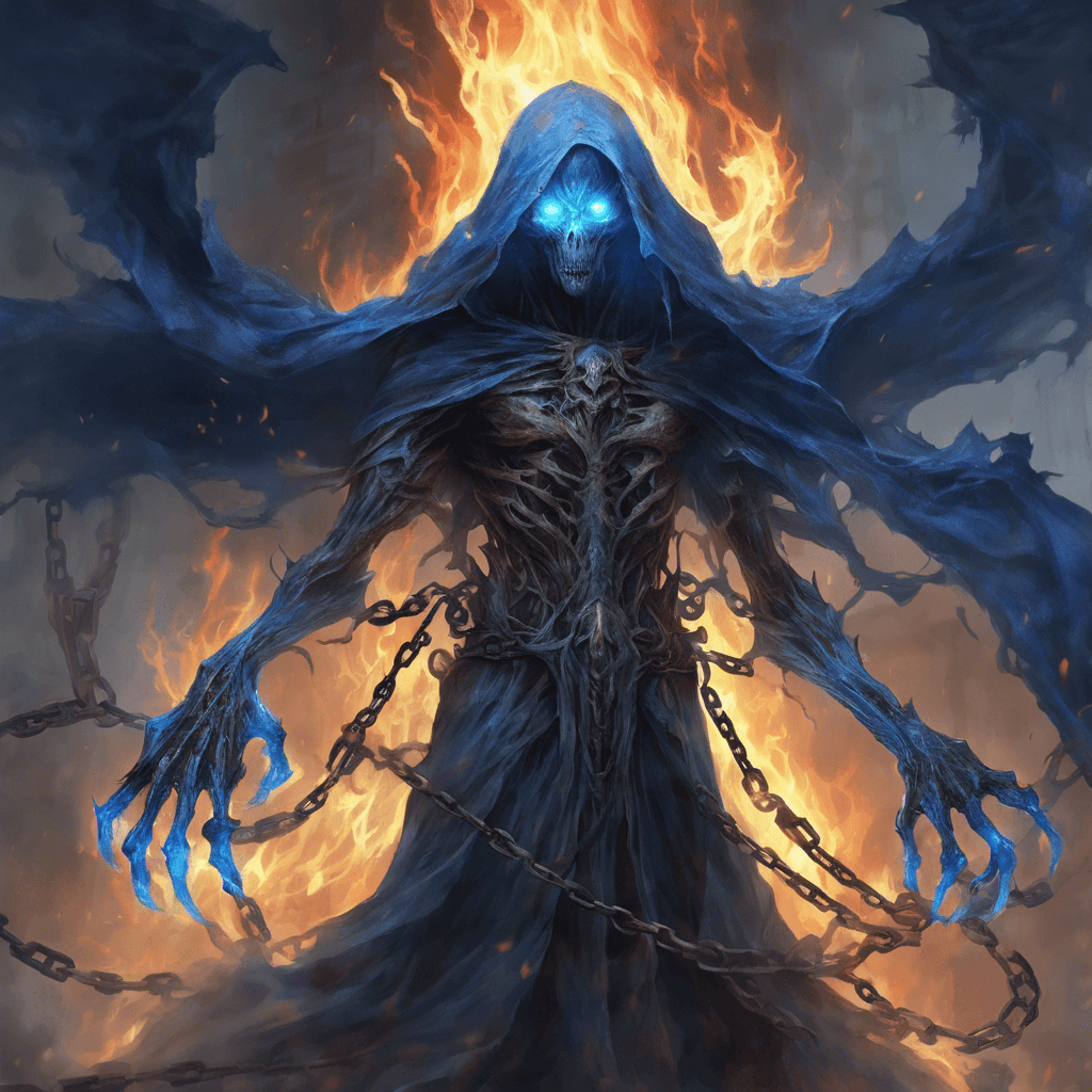 A spectral entity shrouded in tattered robes, its eyes are hollow yet ablaze with blue flames, claws extend from its withered hands, and chains rattle as they bind its ethereal form.