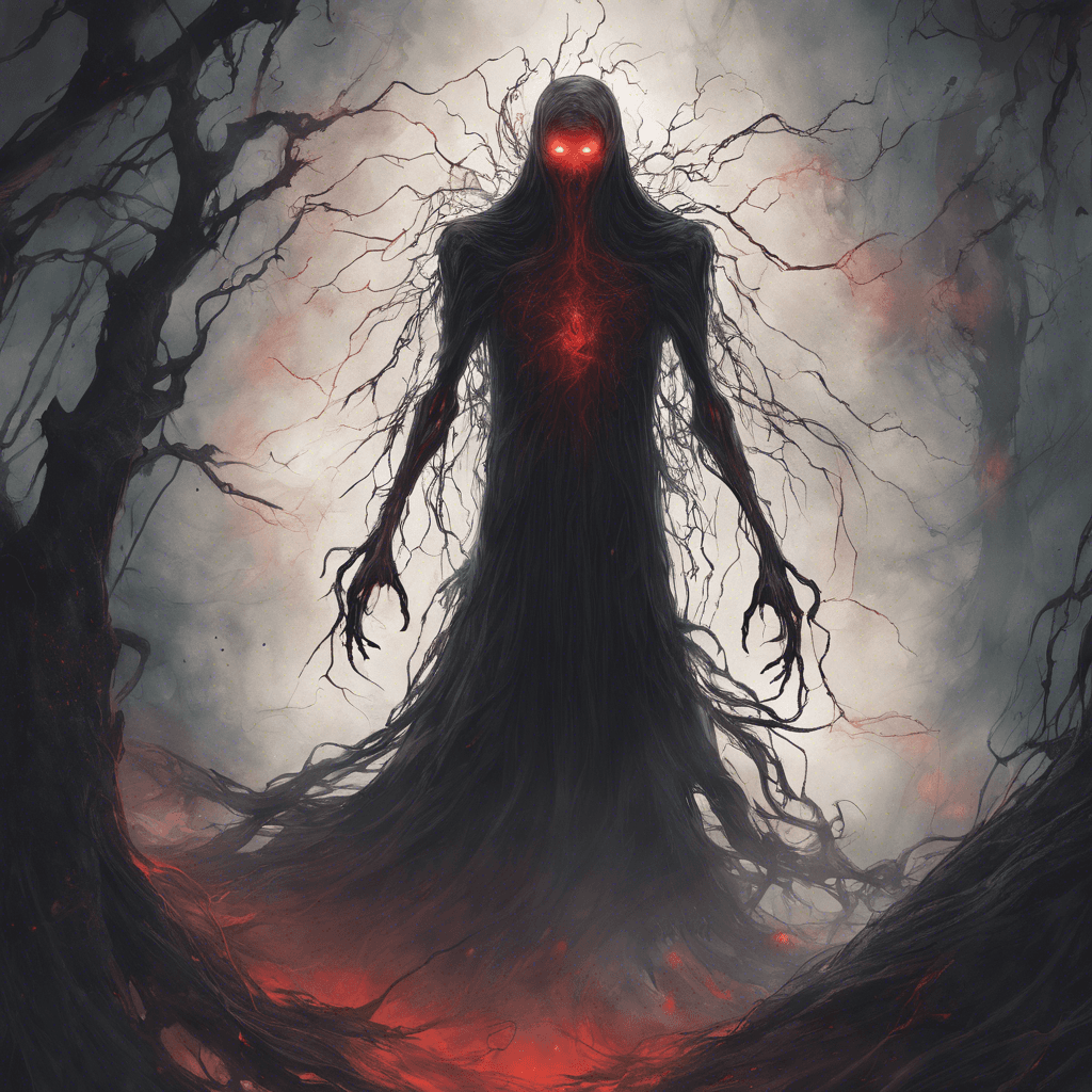 A tall, shadowy figure with glowing red eyes and wispy tendrils of dark energy swirling around its form. The Spectral Wraith emits a bone-chilling aura that freezes the air around it, causing goosebumps and a sense of dread in those who look upon it.