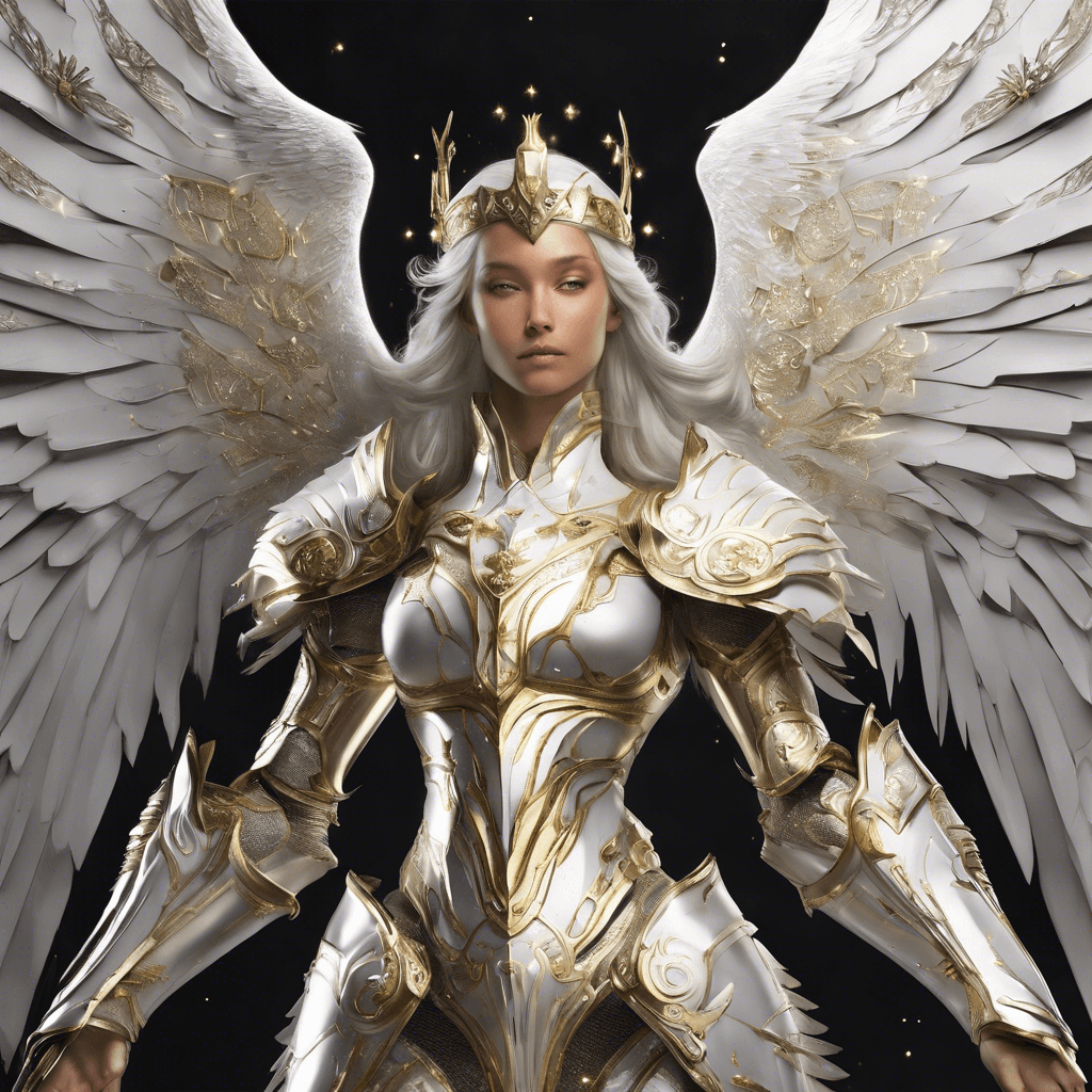 A radiant celestial knight adorned in shimmering silver armor, etched with golden sigils. She has large, iconic white wings that unfurl with grace and an aura of divine light. Her presence commands attention and exudes an overwhelming sense of purity and righteousness.