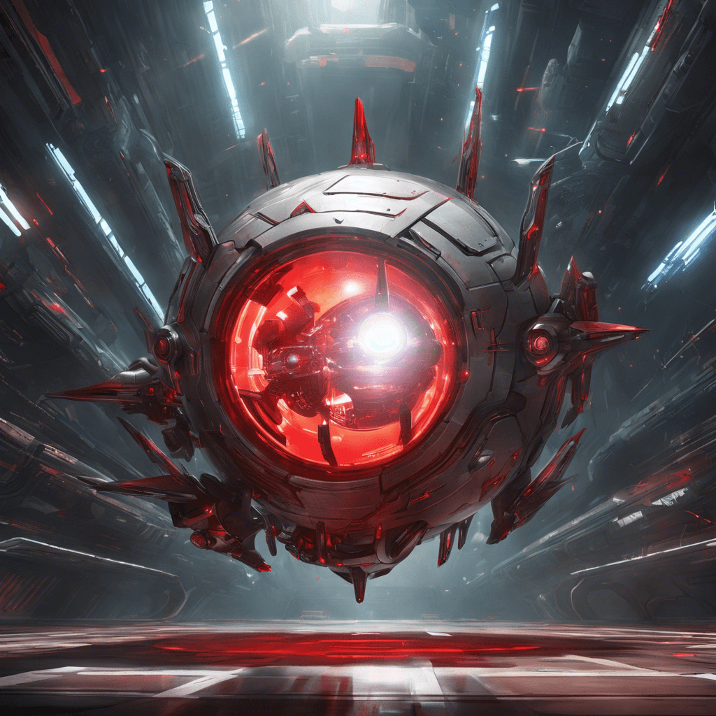 A sleek, hovering sphere with a metallic sheen, adorned with red scanning lights and equipped with retractable arms bearing various weapons and tools.