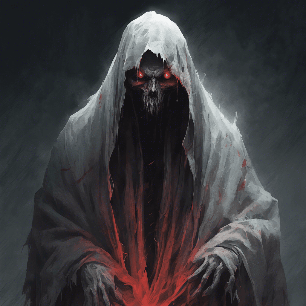 A ghostly figure draped in tattered robes, with glowing red eyes that pierce through the darkness. Its wails send shivers down your spine, freezing you in fear.