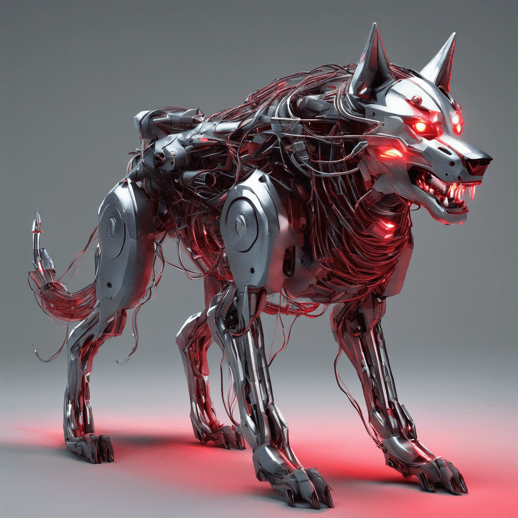 A sleek robotic beast resembling a large, metallic wolf with glowing red eyes, razor-sharp teeth, and wires pulsating with energy weaving through its form.