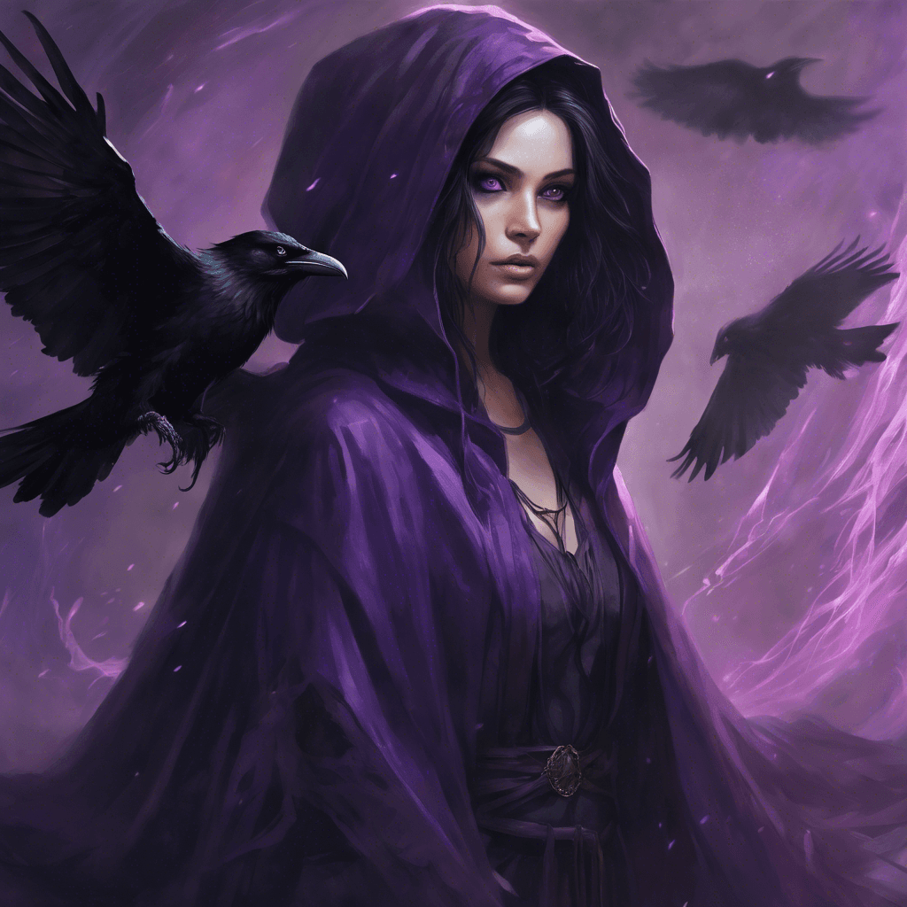 A woman of beguiling beauty with the hood of her cloak lowered, revealing a cascade of raven-black hair. Her eyes glint with a magical violet hue, and her hands emanate a faint swirling mist of arcane energy.