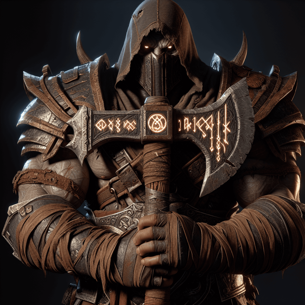 The Bandit Warlord looms over six feet tall, his physique is muscular and covered in scarred leather armor. His eyes, sharp and calculating, glint with a dark intelligence. An ornate, but battle-worn axe is gripped in his thick hands, its blade etched with runic symbols that faintly glow with an ominous red light.