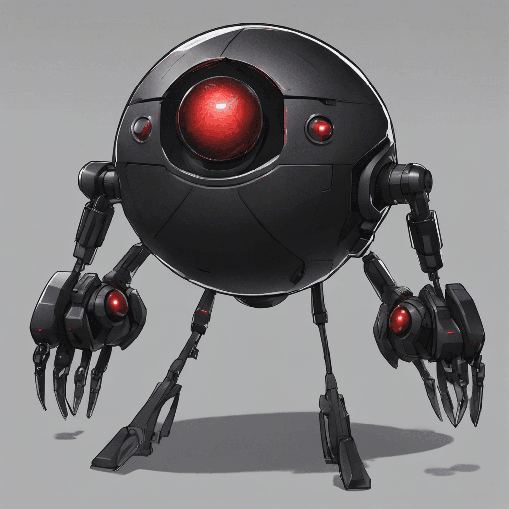 A sleek, spherical robot with a matte black finish. Three red eyes in a triangular formation scan its surroundings, it hovers silently using anti-gravity propulsion. Emanates a low hum indicating the charging of its onboard weaponry.