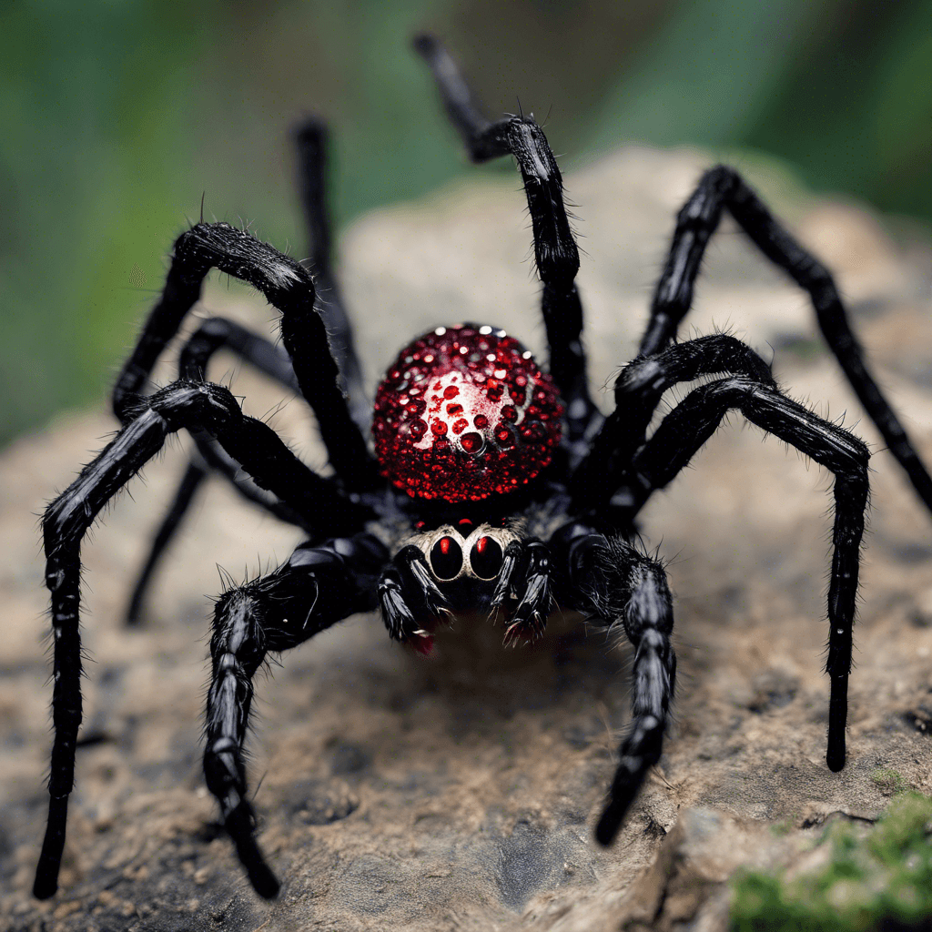 A large spider with glistening black carapace encrusted with sharp, crystal-like protrusions. Its eyes shimmer with a malevolent red glow, and venom drips from its enormous fangs as it moves silently, save for the faint skittering sound of its eight legs.