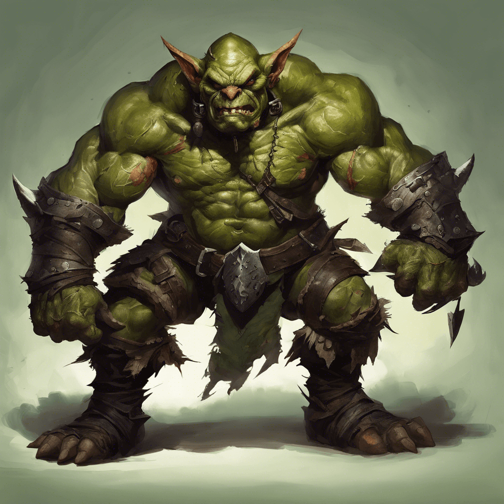 A large, muscular goblin with green, warty skin, wearing tattered leather armor adorned with sharp claws and carrying a menacing, curved blade that gleams in the dim light.