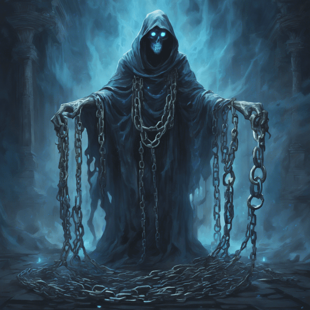 A ghostly figure draped in broken chains that clank with each ominous float. Its eyes burn with a spectral blue flame and its form shifts as if made of mist and shadow.