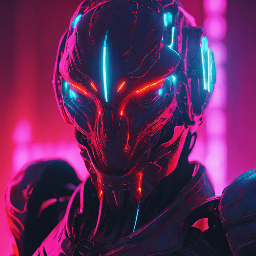 The Neon Blight is a humanoid figure clad in sleek, reflective cybernetic armor that seems to absorb and distort the neon lights around it. Its eyes glow a menacing red as it moves with uncanny precision and speed, leaving a trail of static in its wake.