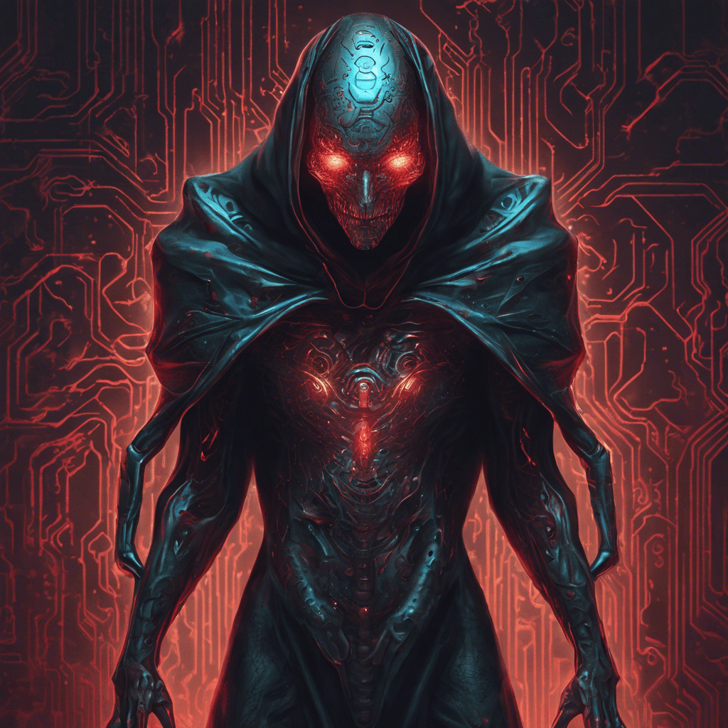 A sleek, humanoid figure with glowing red eyes, covered in a cloak of shifting digital patterns. Implants glow beneath the skin, and elongated fangs gleam with a metallic sheen. Holographic emitters surround its form, casting illusions as it moves, and circuitry tattoos pulse along its arms.