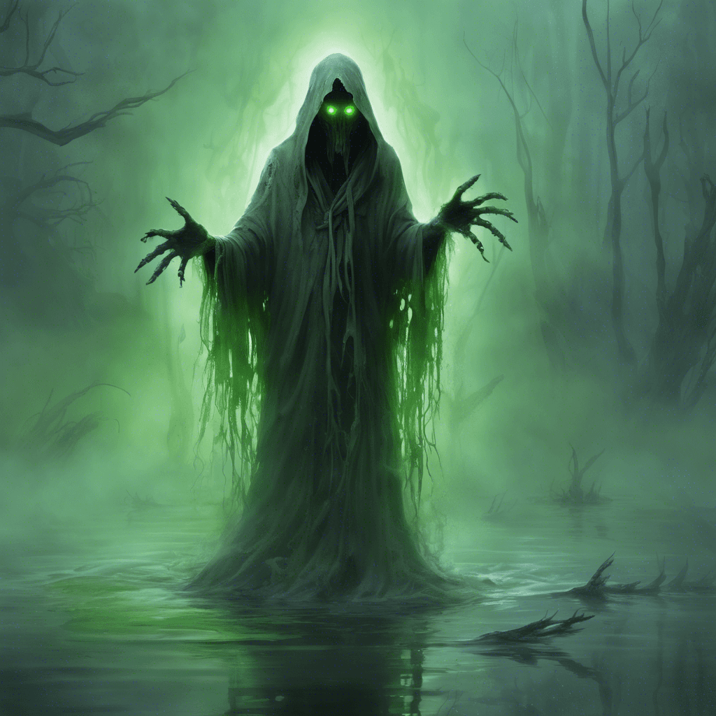 A ghostly figure rises from the mist, with tattered robes that appear soaked from the swamp water. Its eyes glow with an eerie green light, and elongated fingers end in sharp, ethereal claws.