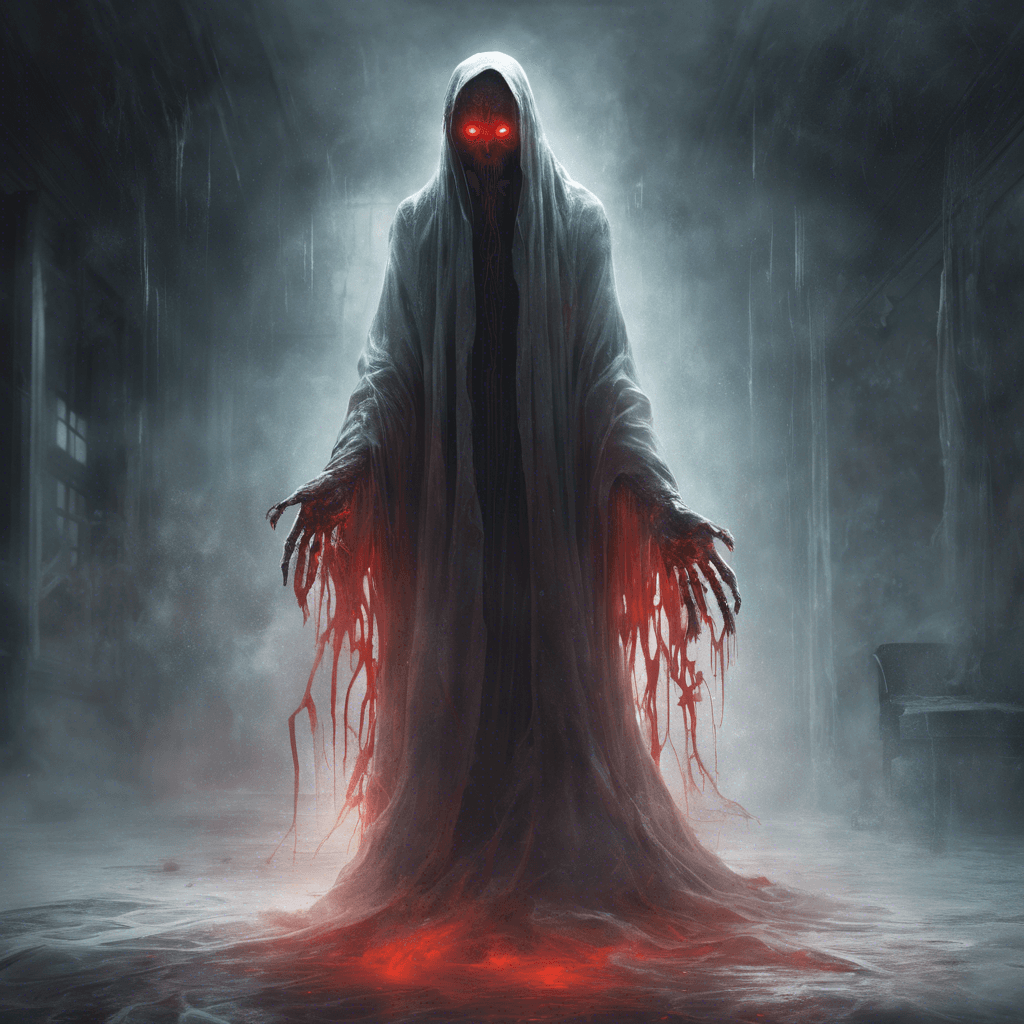 A ghostly figure with tattered robes, glowing red eyes, and long, ethereal arms that reach out towards its victims. Its presence fills the room with an icy chill and a sense of dread.