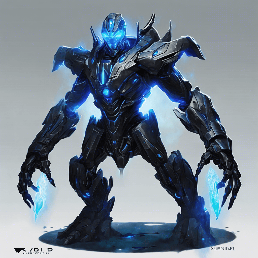 A massive robotic entity with sleek, black armor adorned with pulsating blue energy veins. Its glowing eyes pierce through the darkness of space, emanating a sense of cold, calculated power. The Voidwalker Sentinel moves with silent precision, ready to unleash devastating attacks upon any who dare to challenge it.