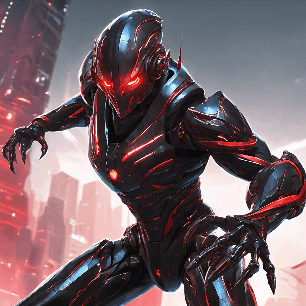 A sleek, humanoid figure covered in shimmering black armor, sporting glowing red cybernetic eyes that track its prey with deadly accuracy. Its metallic limbs move with swift precision, ready to strike at a moment's notice.