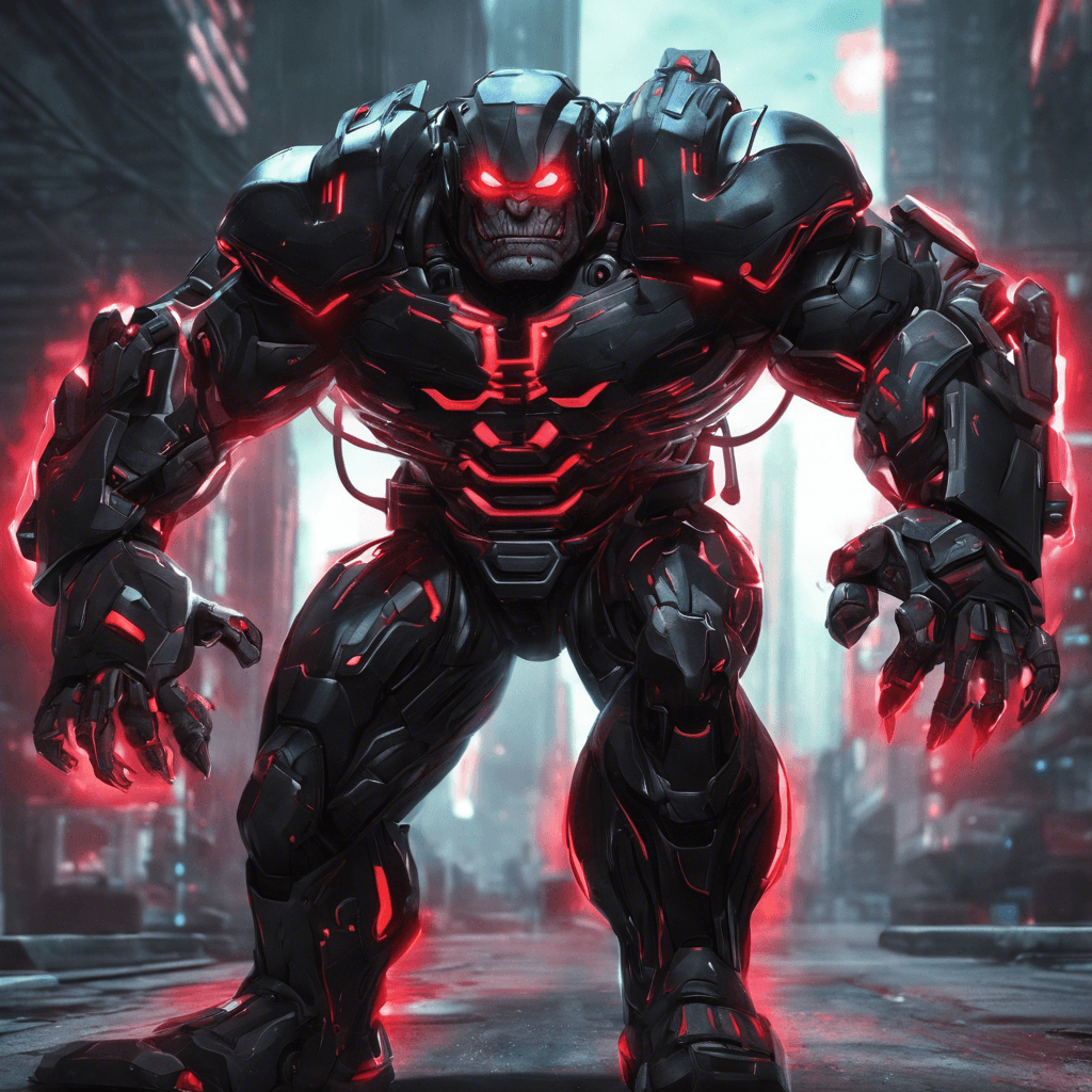 The Cybernetic Enforcer is a hulking humanoid figure clad in sleek, black armor with glowing neon accents. Its eyes are replaced with penetrating red lenses that scan its surroundings with ruthless efficiency. An array of cybernetic enhancements line its arms, granting it superhuman strength and reflexes.