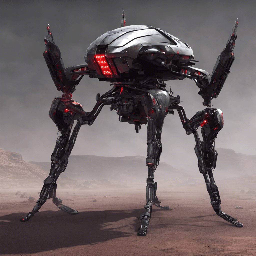 A looming autonomous sentinel drone, with a sleek silver and black exoskeleton fitted with menacing red sensor lights that pulse with an eerie life. Its appendages are tipped with various weaponry, and its surface is studded with shield emitters.