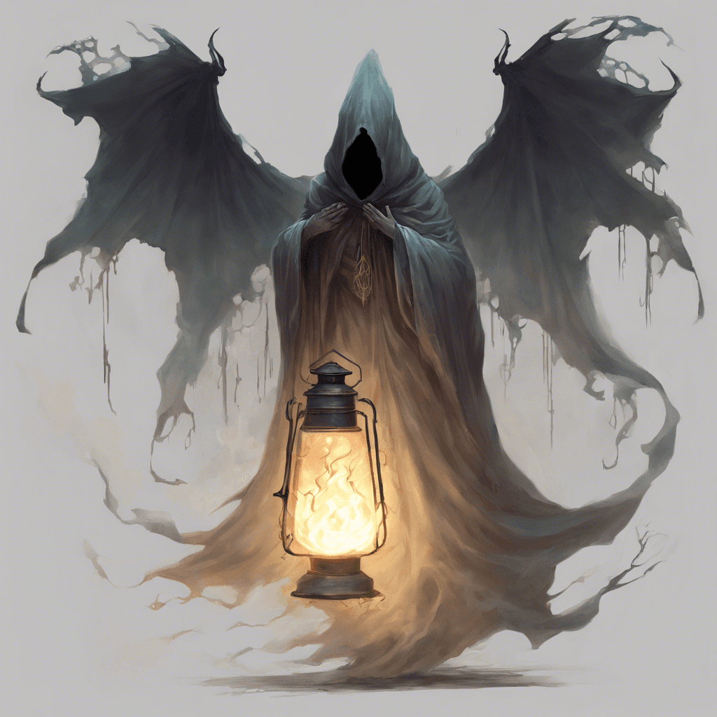 A translucent apparition with a tattered cloak fluttering as if caught in an ethereal wind, carrying an ancient lantern that burns with ghostly fire. Its eyes are hollow voids, yet it seems to stare directly into the soul.