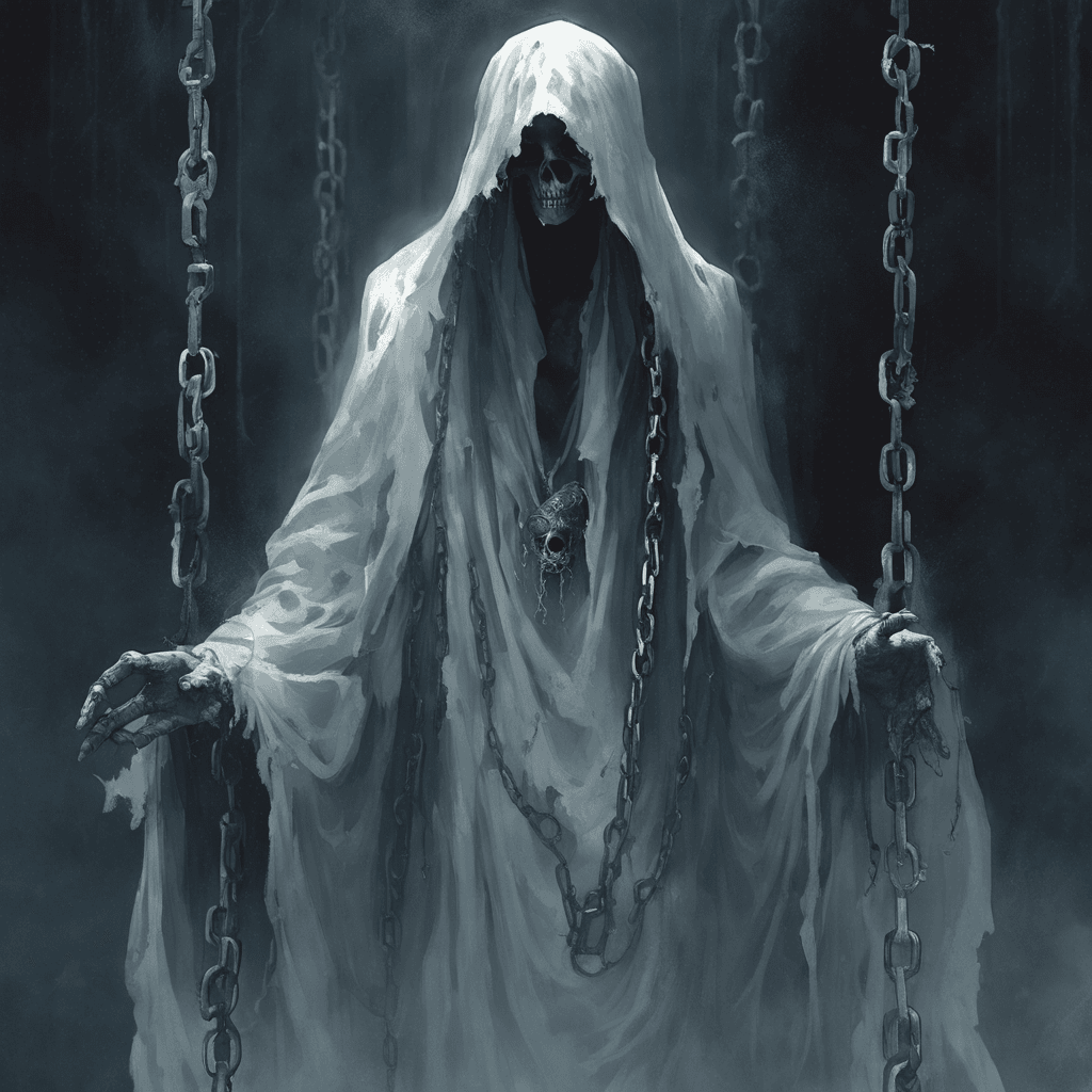 A ghostly figure draped in tattered robes, its hollowed gaze piercing through the shadows. Ethereal chains clank as it floats, emanating a deathly cold presence.