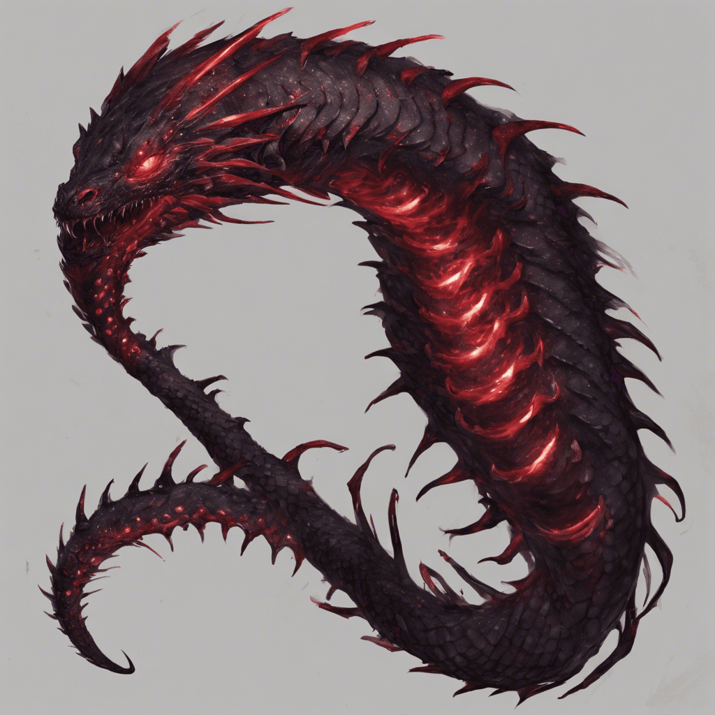 A serpentine creature with scales as dark as the abyss from which it slithers. Its eyes, a piercing crimson, seem to glow with a sinister light. The body is elongated and muscular, adorned with spines that bristle with a venomous sheen. It slinks with silent malevolence, ready to strike.