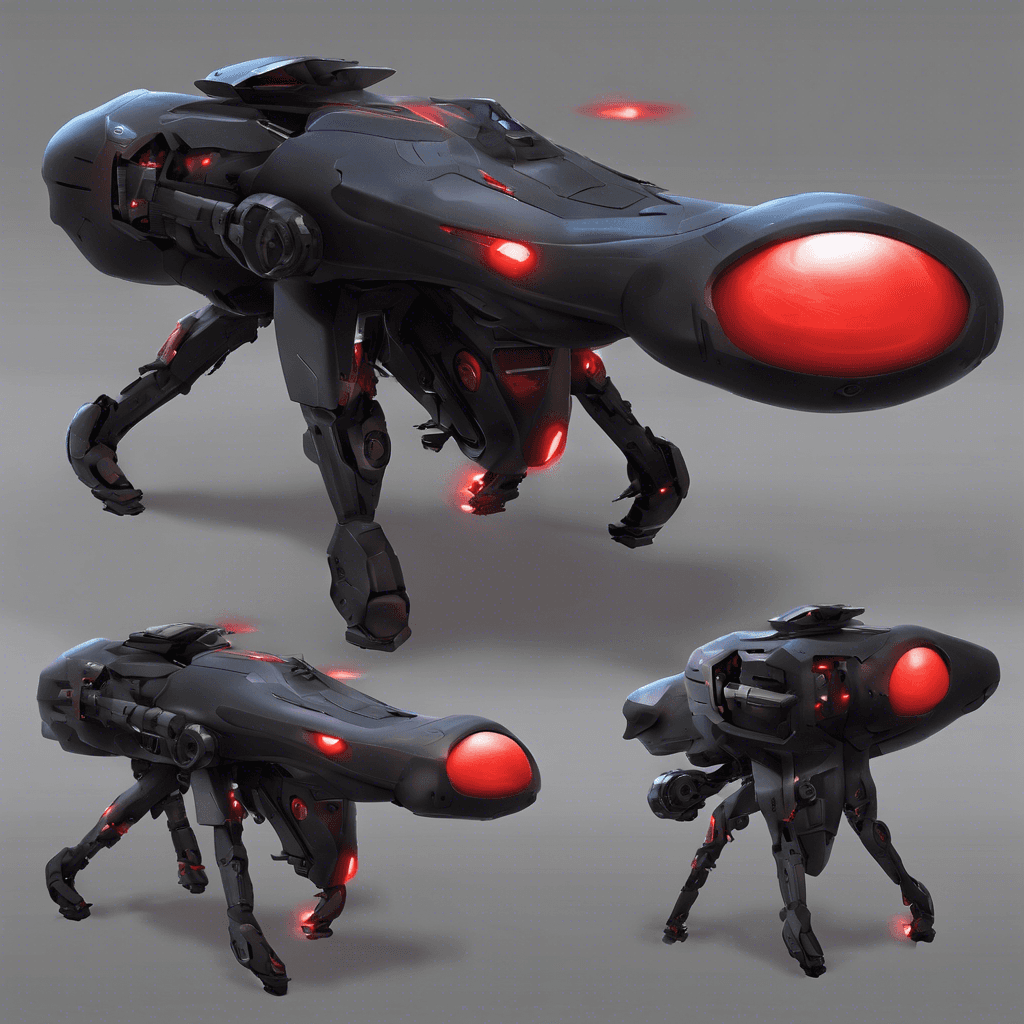 A sleek, menacing sentry drone with a matte black chassis and three glowing red sensor eyes. It floats eerily, armed with rapid-fire plasma cannons and a spinning energy shield.