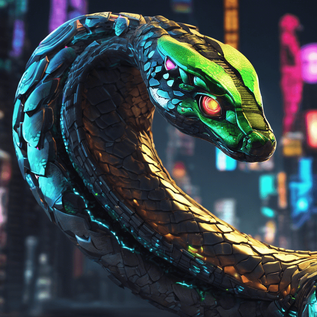 The Techno-Snake is a cybernetically enhanced serpent-like creature, covered in metallic scales that reflect the neon lights of the cityscape. Its eyes glow with a malicious intelligence, and its body is lined with pulsating cybernetic enhancements that crackle with energy.