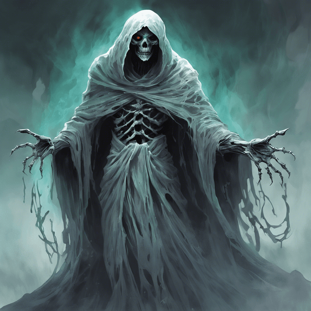 The Spectral Wraith is a ghastly figure draped in tattered robes, its form twisted and half-faded, as if it exists between the realms of the living and the dead. Its eyes glow with an otherworldly light, and its skeletal hands reach out towards you with an icy touch.