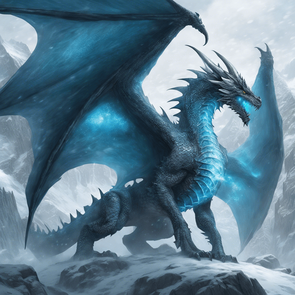 A colossal dragon with shimmering scales of glacial blue and icy ridges running along its spine. Its breath is a chilling mist, and frost crackles at its wingtips as it beats the frigid air.