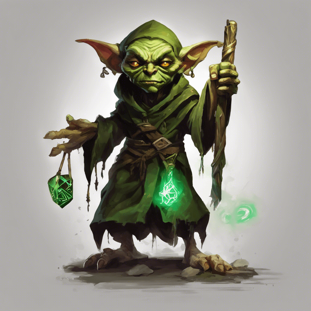 A goblin with sly, yellow eyes, cloaked in tattered robes adorned with mysterious runes, clutching a twisted staff topped with a glowing emerald.