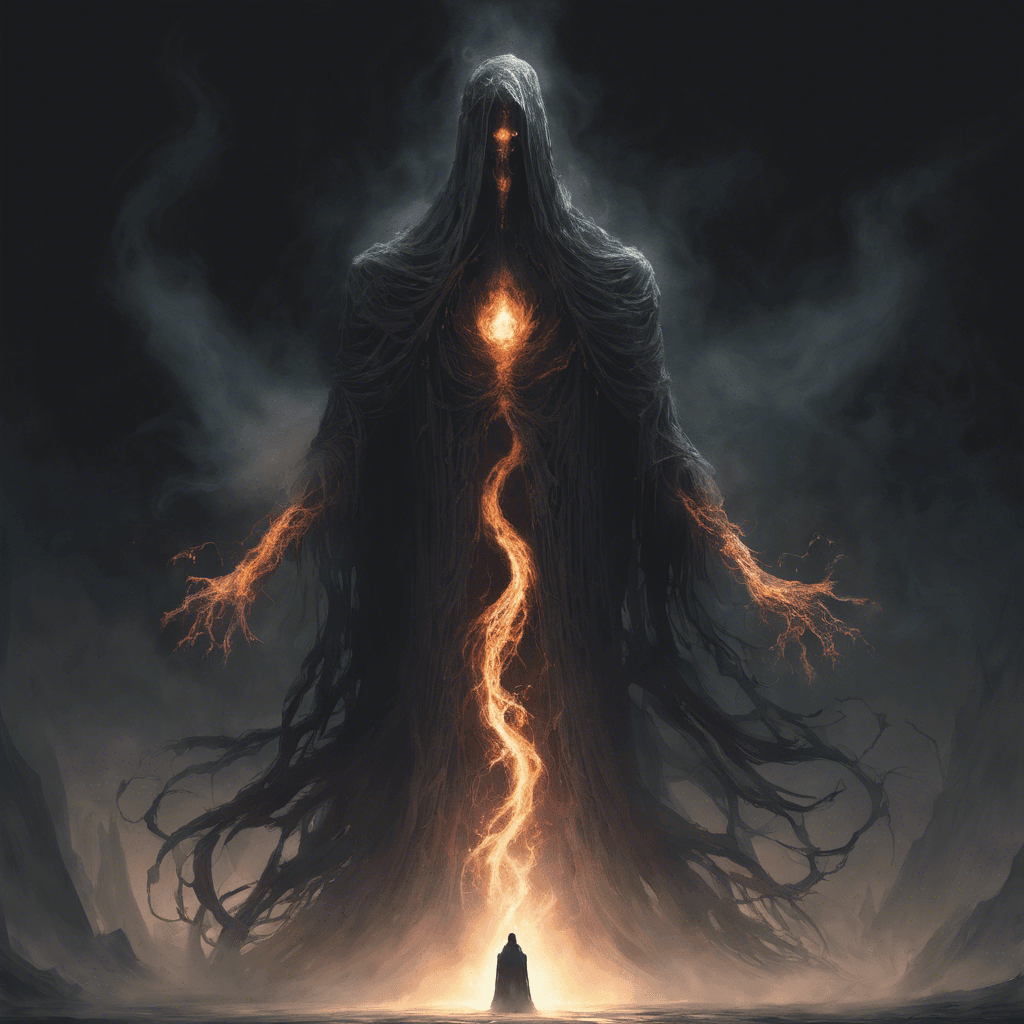 A towering apparition shrouded in darkness, with two cold, malevolent eyes that glow like embers in the shadow. Its body seems to be made of swirling, smoky mist, tendrils of which reach out hungrily towards anything with a heartbeat.