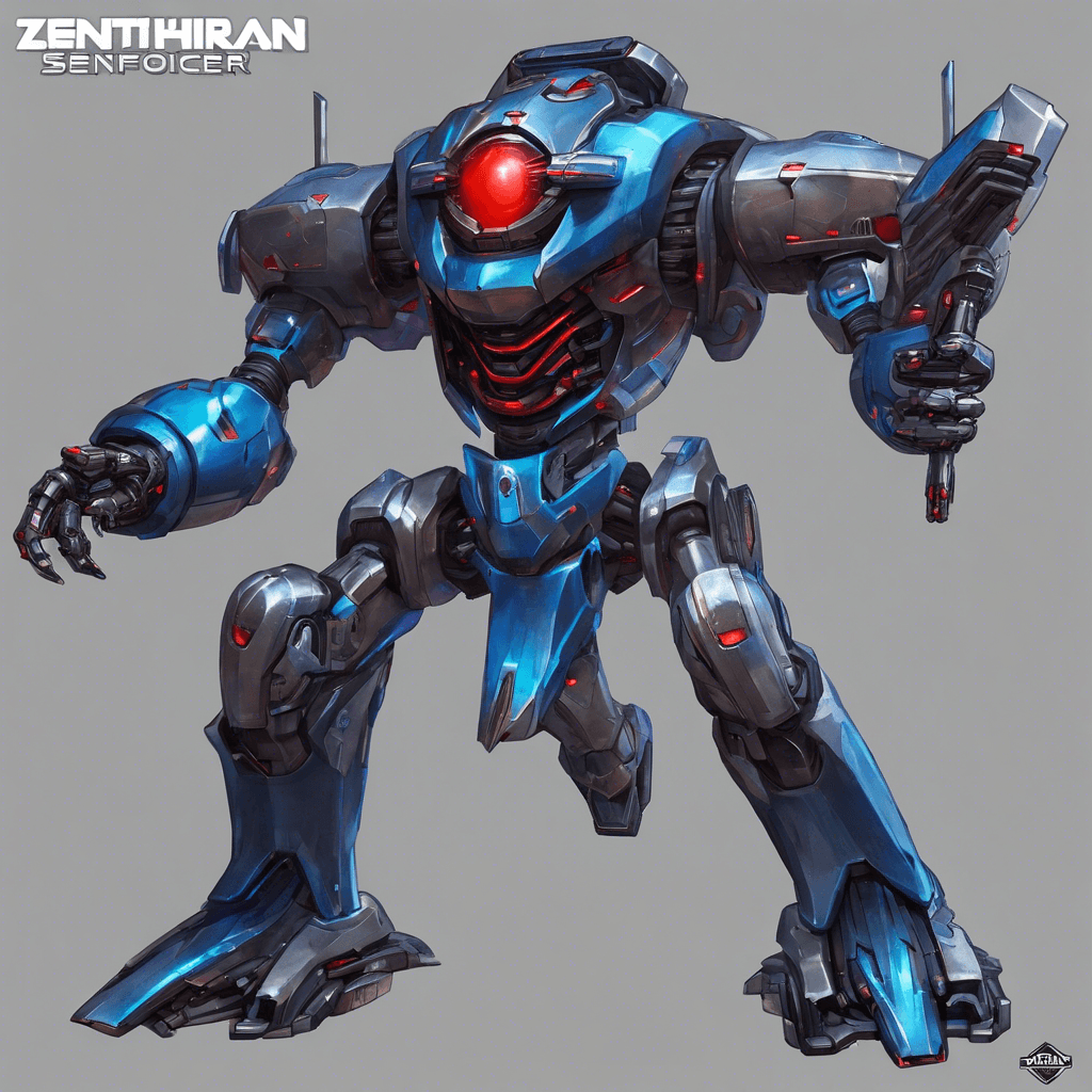 A towering robotic sentinel, the Zenthran Enforcer stands at seven feet with a sleek, metallic frame. It shimmers with an ominous blue energy, its arms transforming into dangerous blaster cannons. The head is a featureless, smooth dome with a single, glowing red cyclopean eye.