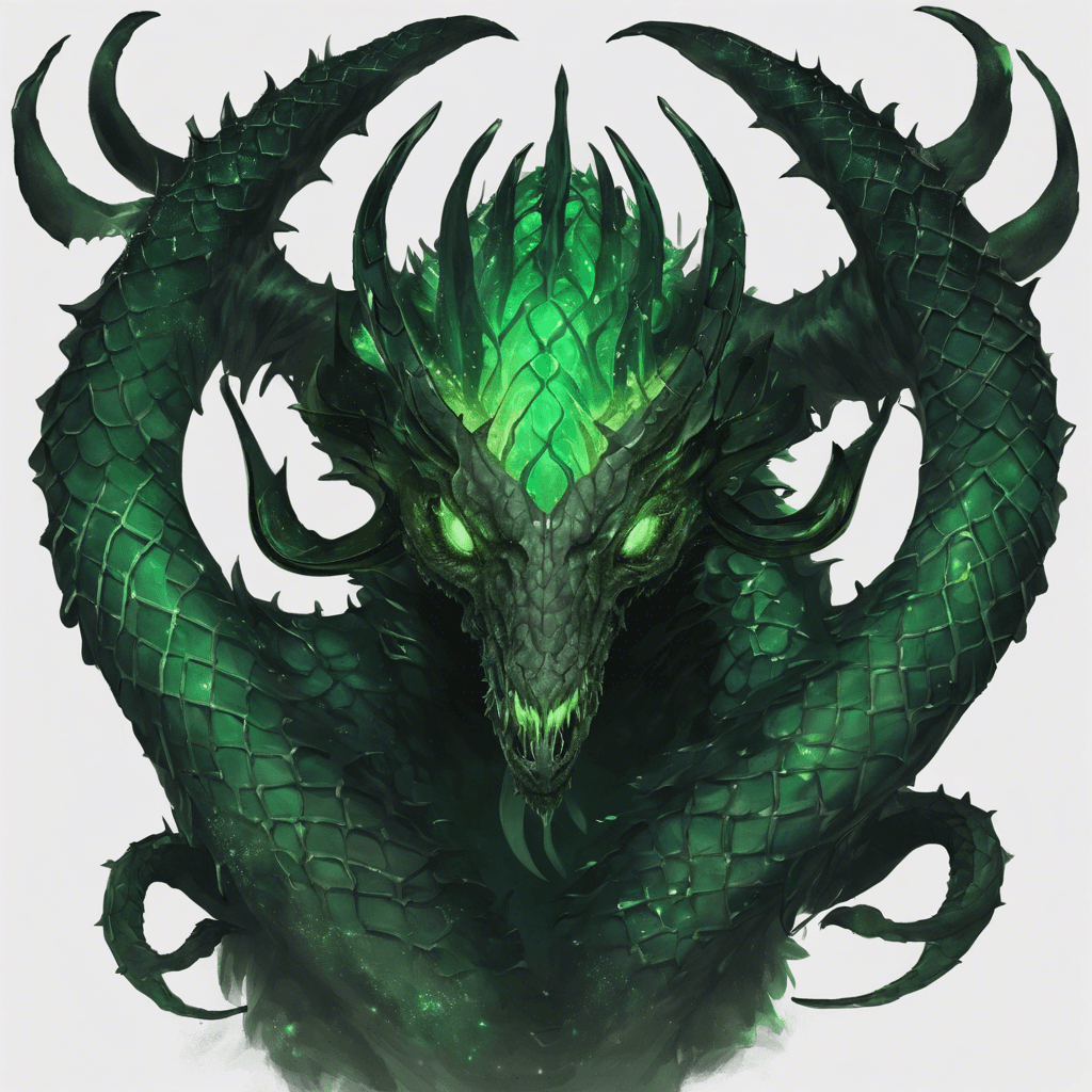 A serpentine creature with glistening emerald scales, a crown of menacing horns, and eyes that shimmer with a petrifying glow. Its body is lined with jagged thorns, and it moves with a sinister grace.