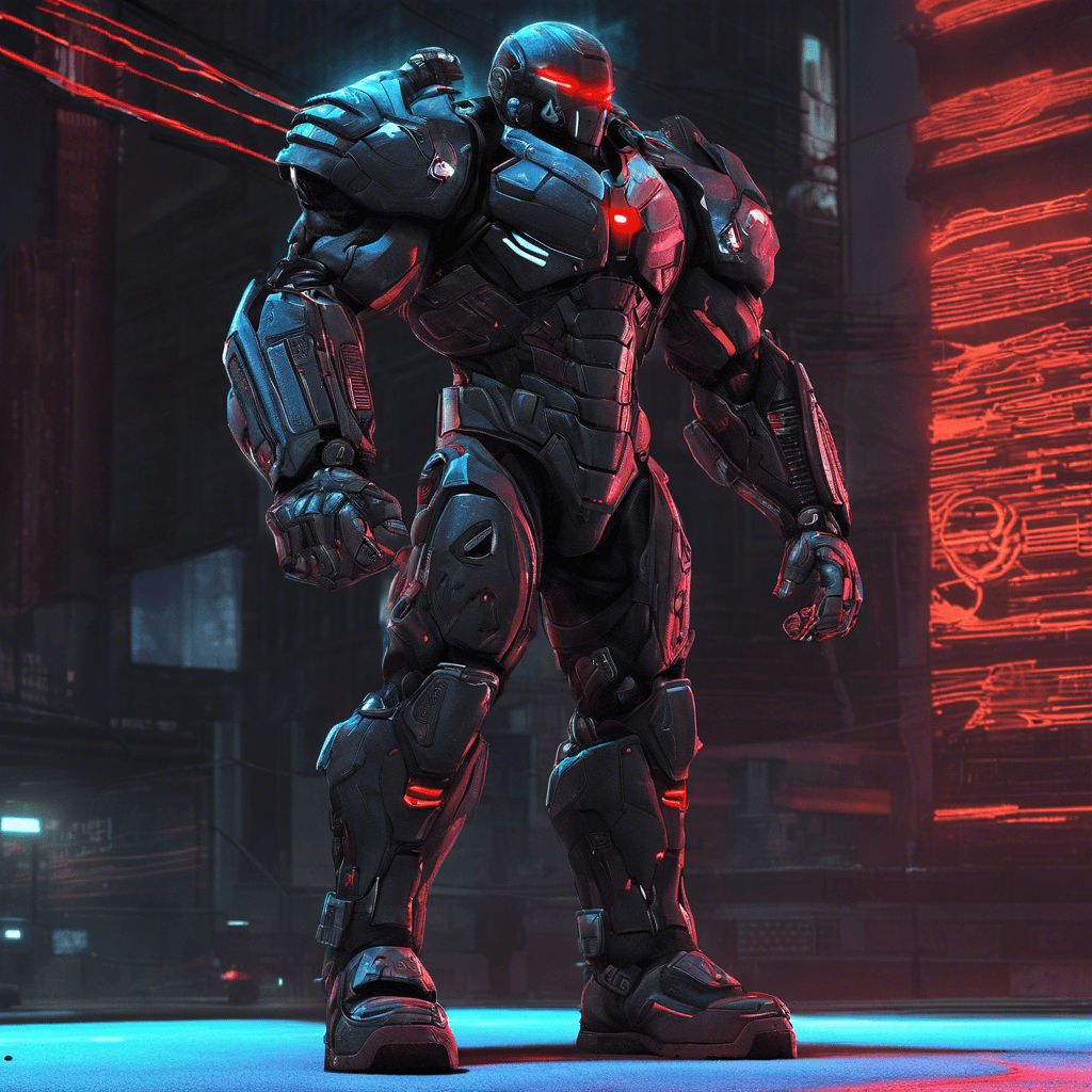 The Cybernetic Enforcer is a towering figure, its heavy-tread combat boots echoing on the neon-lit streets of Neo City. A fusion of man and machine, its hulking form is encased in black tactical armor with a luminous network of circuits pulsing beneath the surface. The visor of its helmet emits a menacing red glow, scanning for lawbreakers with unfeeling precision.