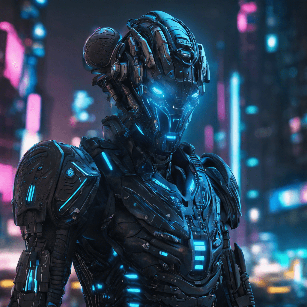 The Cyber Guardian is a towering humanoid figure covered in sleek black cybernetic armor. Its neon blue eyes glow with an eerie intensity, scanning its surroundings for any intruders. Embedded in its arms are retractable blades, ready to strike with deadly precision.