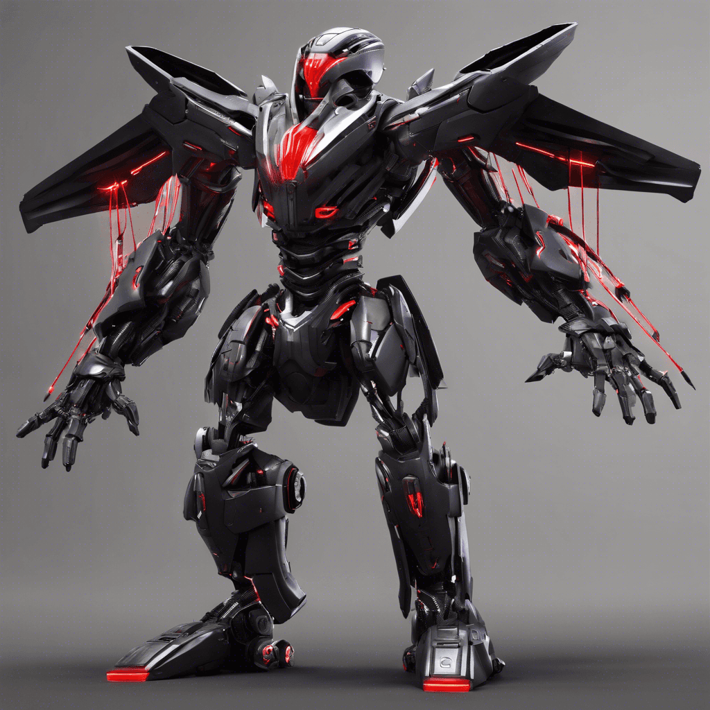 The Techno Vindicator is a towering figure, resembling a humanoid clad in sleek, angular, dark exo-armor with pulsating neon lines. His helmet displays a menacing red visor, scanning for targets. Wires and cables are integrated into his limbs, suggesting cybernetic enhancements beneath the plating. Two mechanical wings fold behind him, embedded with thrusters for a swift aerial pursuit.