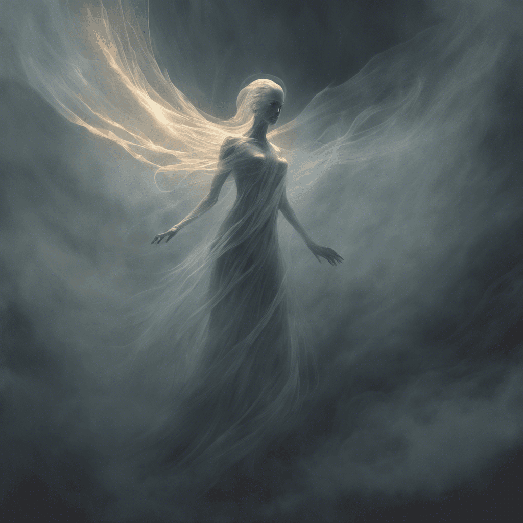 A translucent and ethereal figure gliding a few inches above the ground. Its body is a swirling vortex of dark mist, with two haunting, luminescent eyes that burn like cold fire.