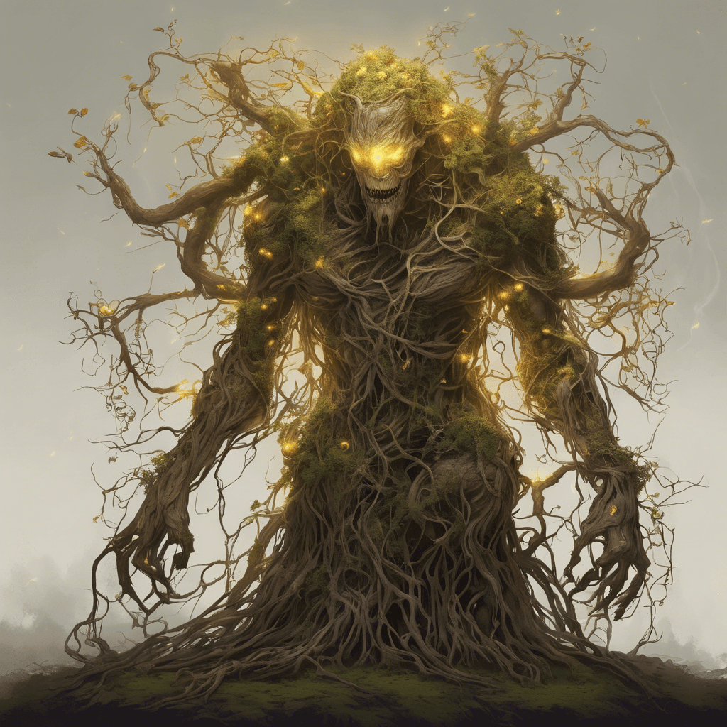 A colossal humanoid figure composed entirely of writhing vines and roots, with glowing amber eyes that emanate a magical aura. Its limbs are thick with gnarled bark, and leaves rustle as it moves.