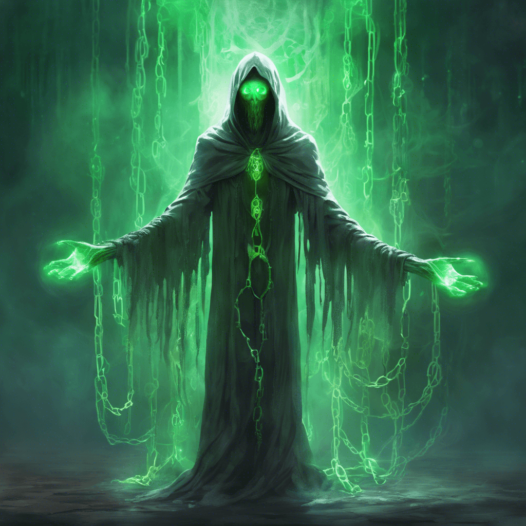 A spectral figure shrouded in tattered robes, its eyes glowing with an eldritch green light. Ethereal chains clank softly as it moves, hovering slightly above the ground.