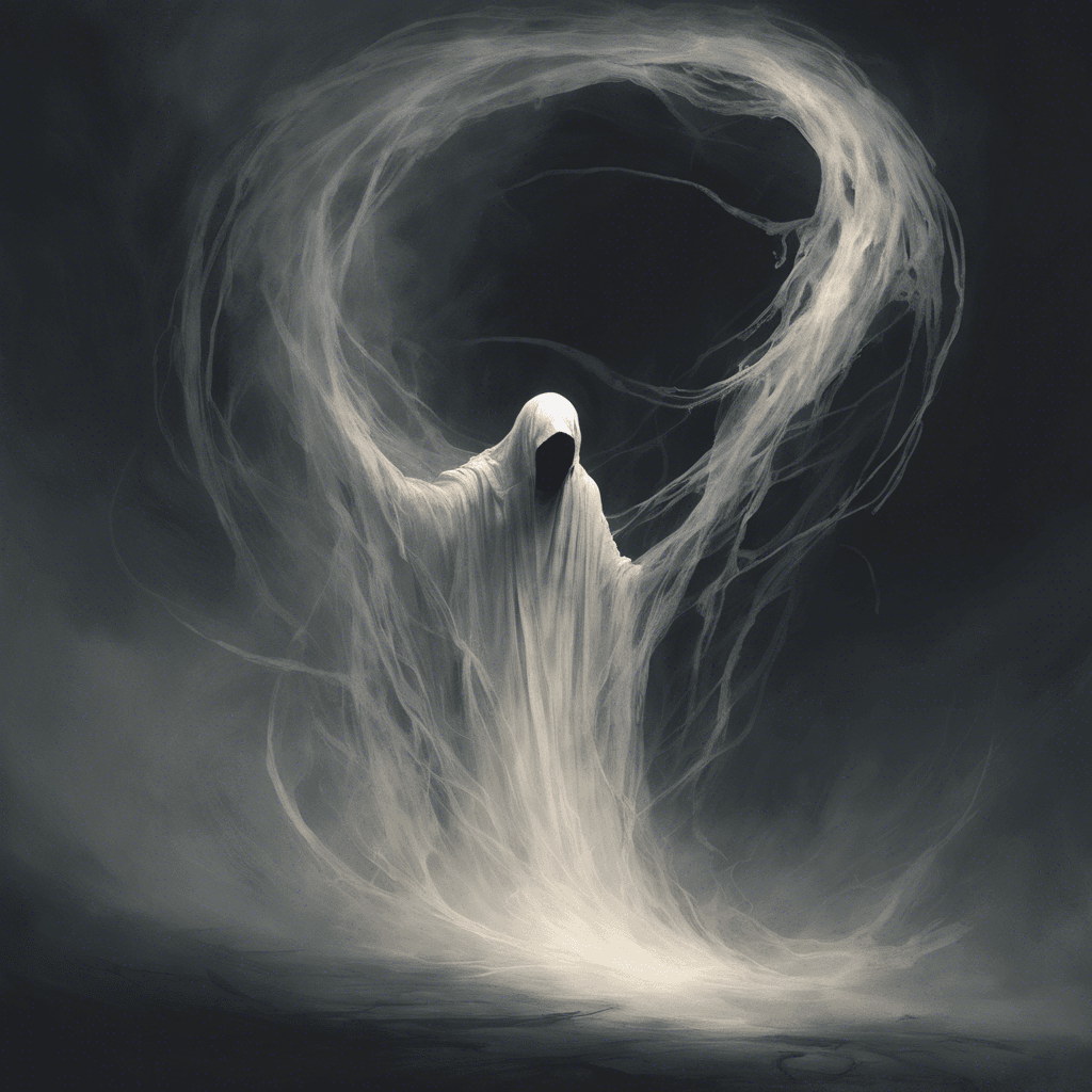 A ghastly figure draped in tattered robes that seem to absorb the dim light around it. Its face is a hollow void, and wisps of ethereal vapor trail from its form as it glides silently over the ground.