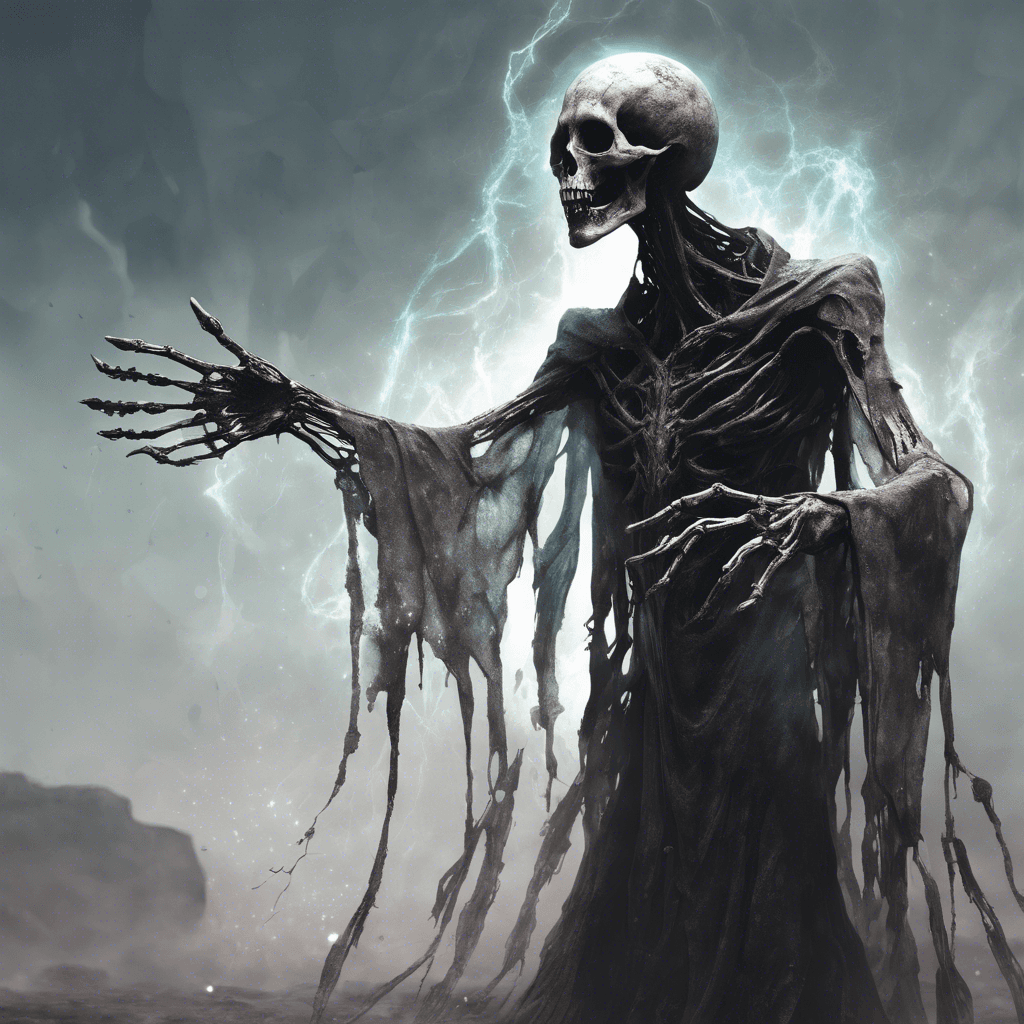 A translucent figure, clad in ancient, tattered robes, hovers above the ground. Its eyes are hollow, dark voids and its long, skeletal fingers crackle with eldritch energy.