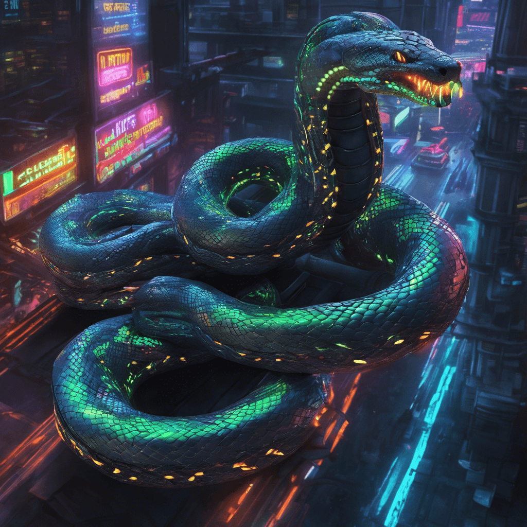 The Cyber Serpent is a sleek and agile robotic snake, covered in metallic scales that glint in the neon lights of the city. Its eyes glow with a malevolent intelligence, and its segmented body moves with precision and speed, ready to strike at any moment.