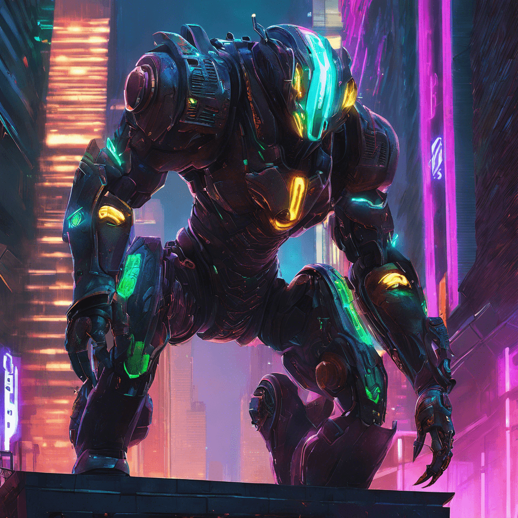 The Neon Guardian is a towering cybernetic being, its metallic armor adorned with pulsating neon lights that reflect off the grimy cityscape. Its eyes glow with malicious intent as it scans for intruders in the cyberpunk city.