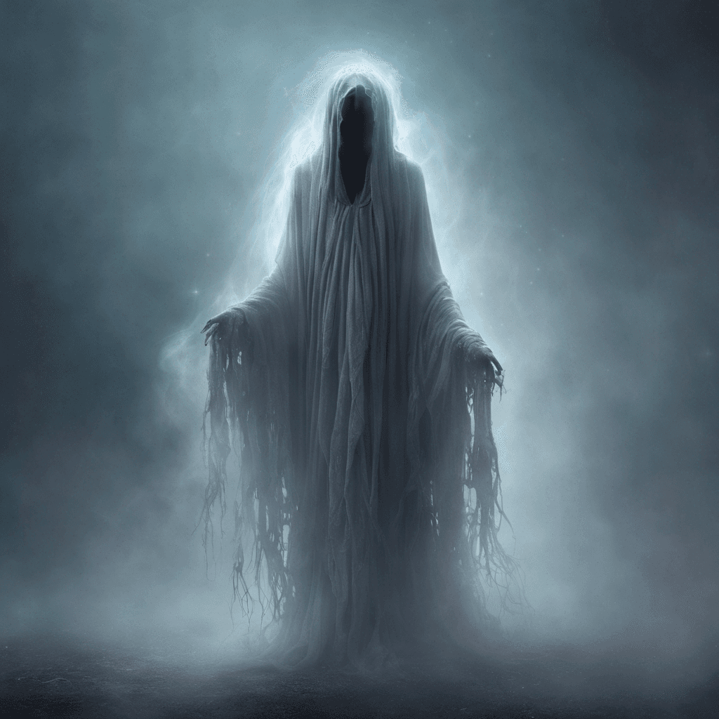 A spectral figure draped in tattered, ethereal robes, with hollow eyes that seem to stare into the void. Wisps of fog trail behind it, and a chilling aura surrounds its form, freezing the very air around it.