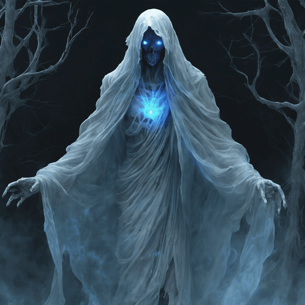 A transparent figure with piercing blue eyes that glow unnaturally in the darkness. Its form is both ethereal and shifting, draped in tattered robes that seem to be made of the very mist that fills the haunted forest.