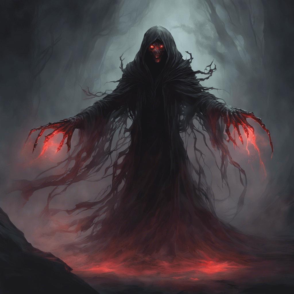 A Shadow Wraith is an ethereal creature of smoke and darkness. It has glowing red eyes, tattered robes floating around a translucent, spectral body, and elongated claws that seem to absorb light.