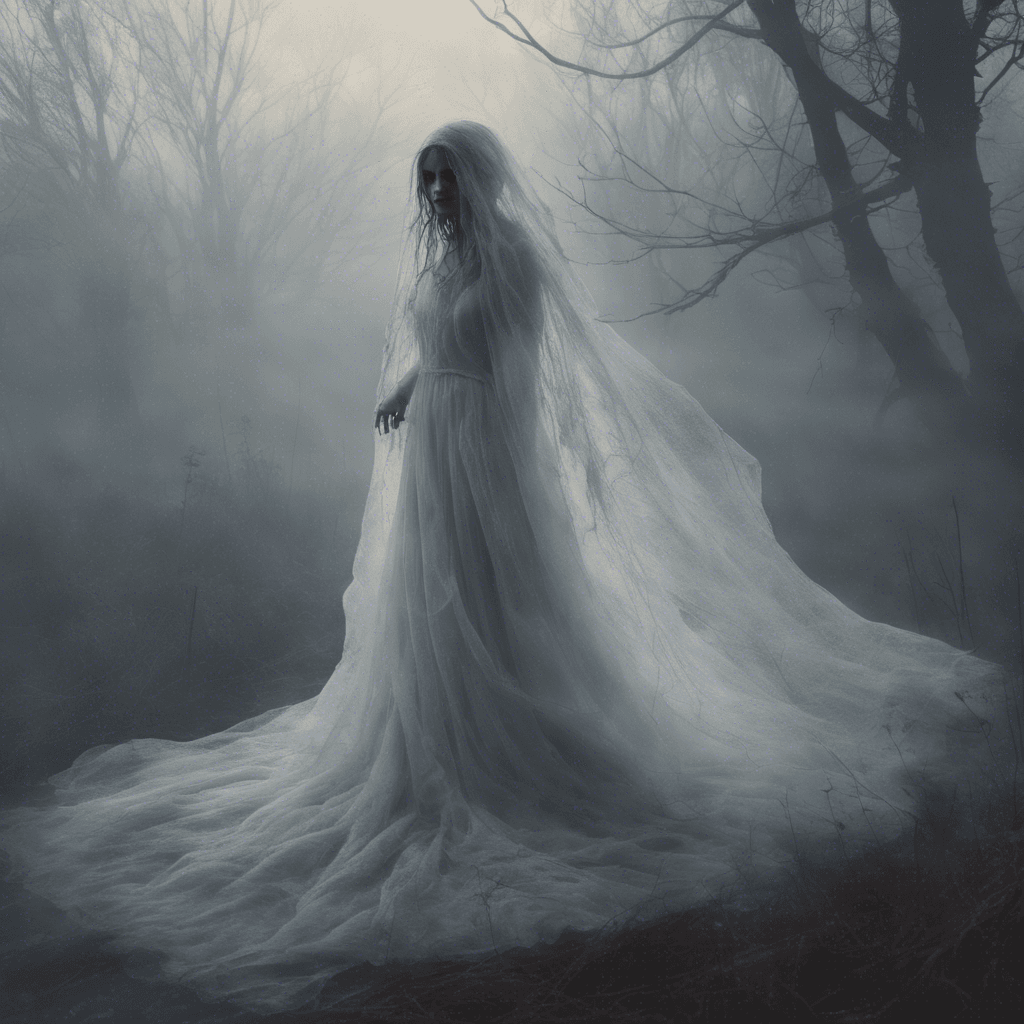 A ghostly figure draped in tattered wedding gown, with hollow eyes and a mournful expression. Wisps of cold fog surround her, and a haunting melody plays softly in the air as she floats towards her prey.