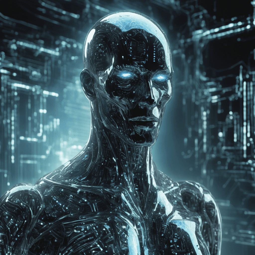 A phantom-like figure with a shimmering digital aura, the Techno-Wraith's body appears to be made of swirling code and holographic data. It moves with unnatural speed, its form flickering in and out of visibility. Cybernetic implants pulsate with a dark energy across what little of its humanoid silhouette can be seen.