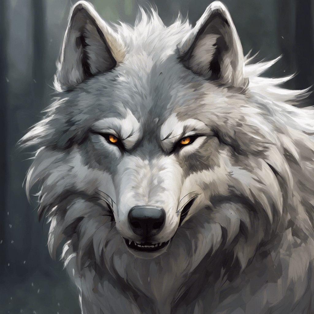 A large wolf with grizzled gray and white fur, baring fangs. Its eyes have an unnatural, intelligent gleam, and its movements are swift and deadly.